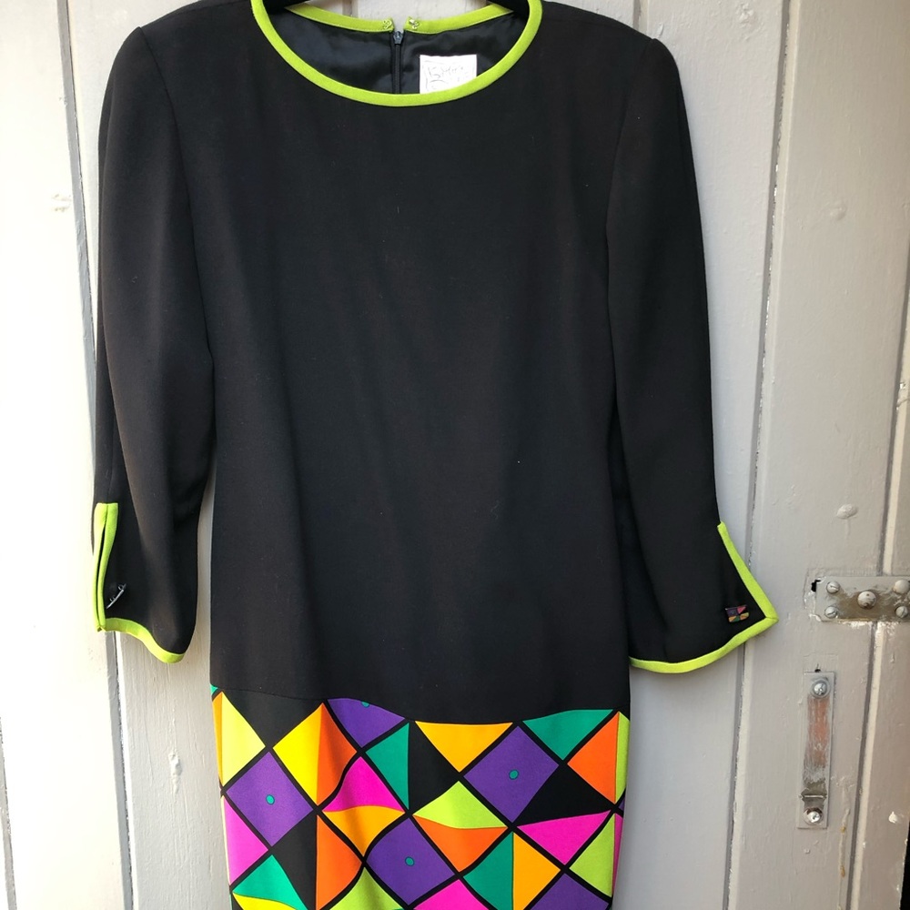 Vintage Black Neon Geometric Long Sleeve Tunic Dress by Kathryn Dianos Size 12